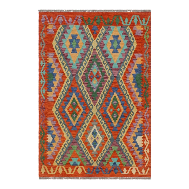 Bohemian Kilim Rust Blue Wool Rug - 3'5" X 4'11" For Sale