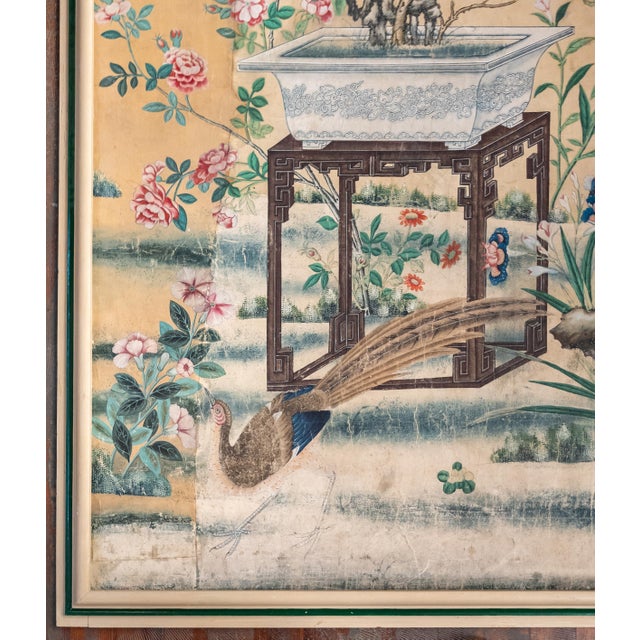 Green 18th Century Chinese Watercolor Wallpaper Painting Bird of Paradise Floral Garden For Sale - Image 8 of 15