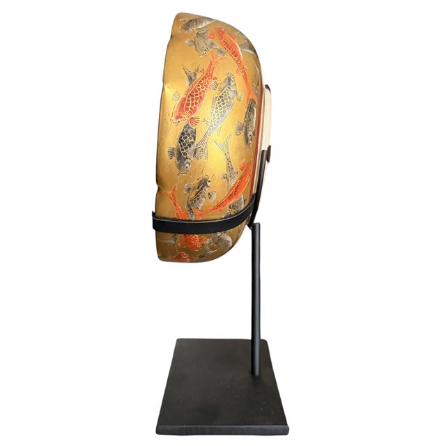 19th Century Japanese Satsuma Lotus Koi Bowl on Custom Steel Mount For Sale In Chicago - Image 6 of 13