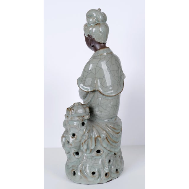 Ceramic Antique Guanyin (Kwan Yin) Goddess of Mercy Buddha Late 19th / Early 20th Century Celadon Color W/ Craquelure Splendid Statue/Sculpture Vg+ For Sale - Image 7 of 12