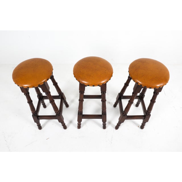 Vintage Mahogany Bar Stools With Brass Nailhead Trim—Set of 3 For Sale - Image 4 of 12