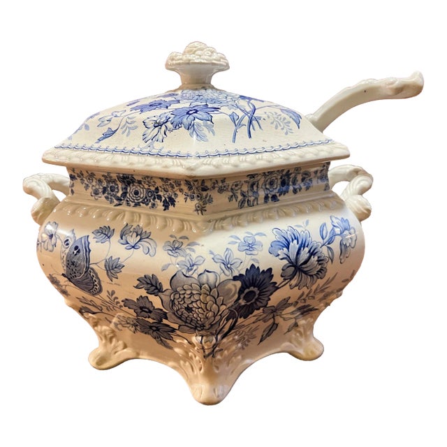 Antique English Staffordshire Blue Transfer Decorated Soup Tureen “Windsor Festoon” For Sale