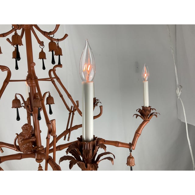 1960s Whimsical Chinoiserie Faux Bamboo Monkey Chandelier With Black Teardrop Accents For Sale - Image 12 of 16