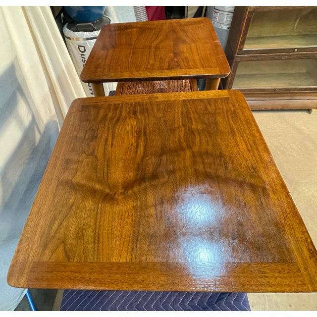 Brown Mid 20th Century Lane Walnut MCM End Tables With Caned Shelves For Sale - Image 8 of 12
