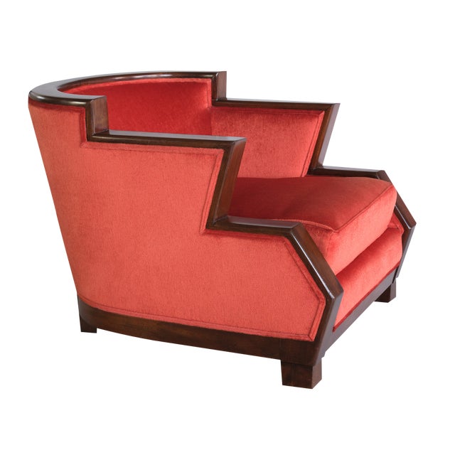 Art Deco Cubist Armchair in Vermilion Mohair Velvet and Maple, Belgium, 1920s For Sale