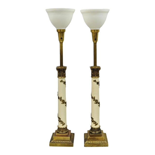 Vintage Stiffel Neoclassical Tall White Enamel Column Brass Table Lamps - A Pair For Sale