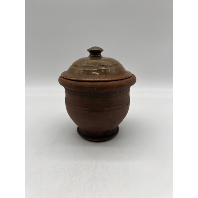 A Antique Folk Art Small Redware Crock With Lid, by Stahl's Pottery, Powder Valley, Pa, 1948 For Sale - Image 16 of 16