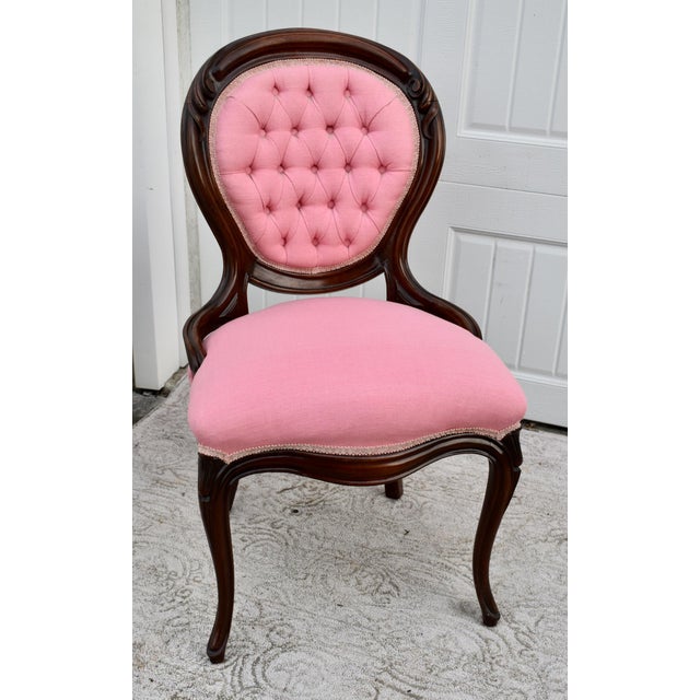 Antique Late 19th Century Round Back Chair has a Victorian Style. Wood - Walnut Frame with a Pink Fabric (Newer Fabric)....
