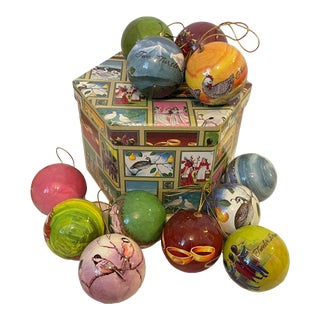 Vintage the Twelve Days of Christmas Decoupage Ornaments W/Box For Sale