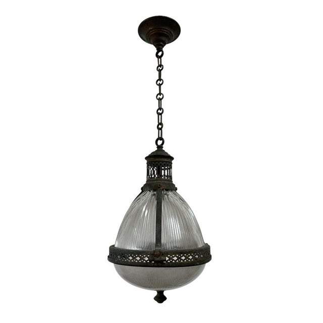 Metal Vintage French Caged Holophane Glass Pendant Light, 1920s For Sale - Image 7 of 7