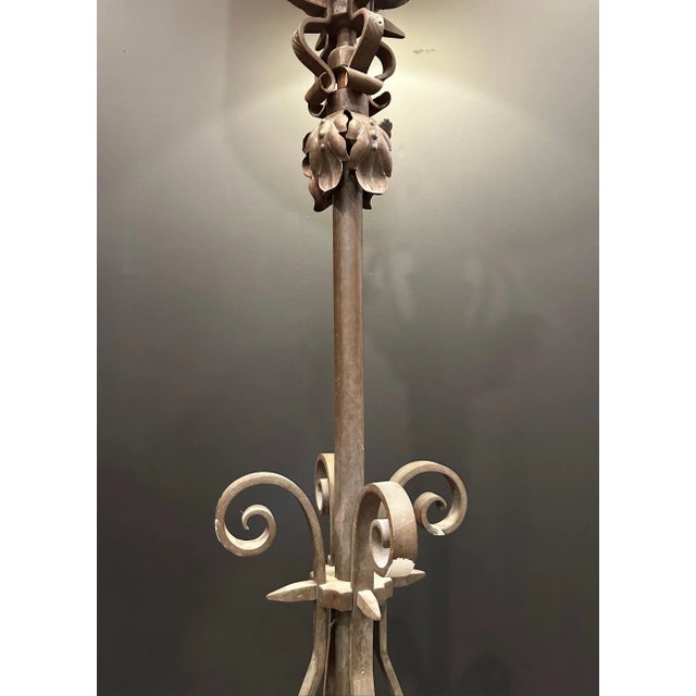 Black Late 20th Century French Wrought Iron Floor Lamp & Burlap Shade For Sale - Image 8 of 9