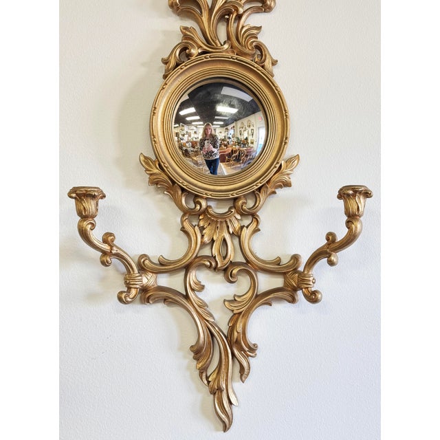 Mid 20th Century Vintage Ornate Syroco Sconce W/Concave Mirror For Sale - Image 5 of 6