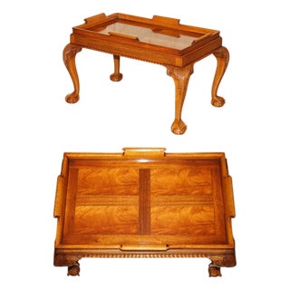 Hand-Carved Hardwood Coffee Tray with Claw and Ball Feet For Sale