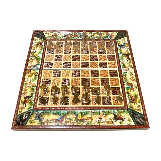 Persian Persian Khatam Chess Board With Micro-Mosaic and Handpainted Decoration and Backgammon Board For Sale - Image 3 of 18