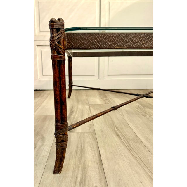 1980s Faux Bamboo Metal Leather Coffee Table For Sale - Image 5 of 16