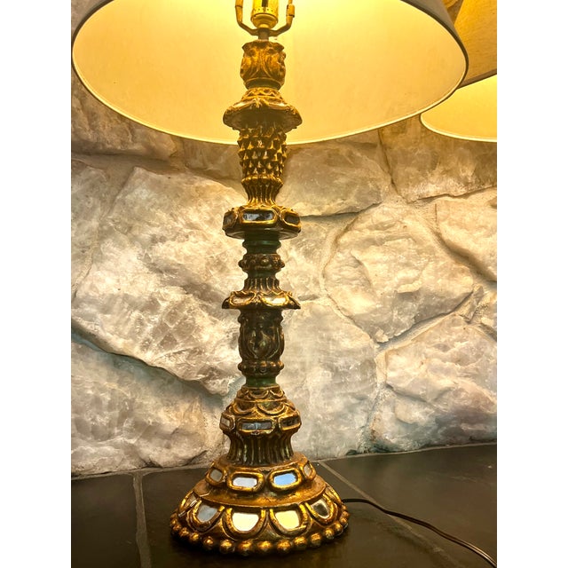 Gold Antique Wood Candelabra Lamps With Mirror Insets - a Pair For Sale - Image 8 of 13