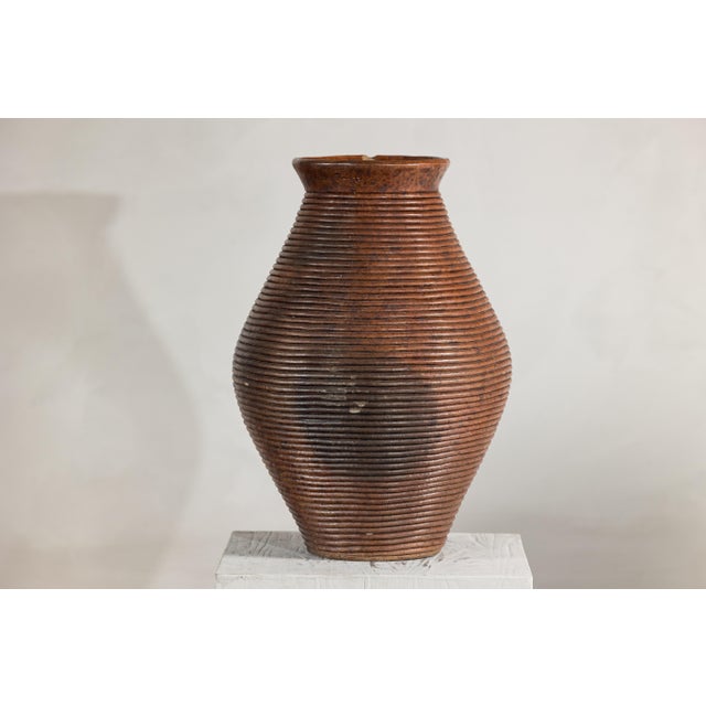 Ribbed Vintage Pottery Vase With Burnished Surface For Sale - Image 16 of 18