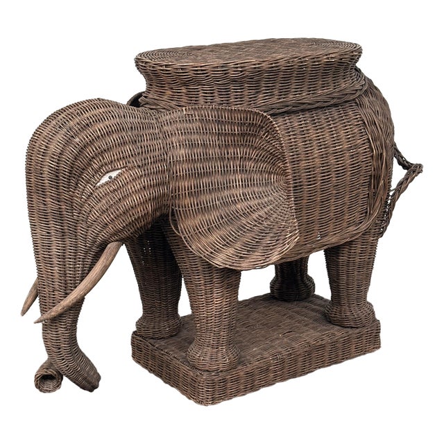 Large Vintage Bohemian Wicker Elephant Plant Stand For Sale