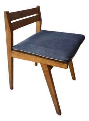 Vintage French Mid-Century Wooden Chair With Navy and Leather Seat Cushion