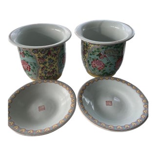 Early 20th Century Pair Large 13" Chinese Famille Jaune Phoenix Porcelain Planters & Trays-Heavy For Sale