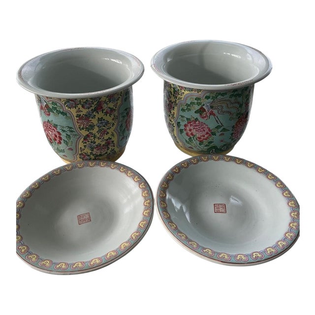 Early 20th Century Pair Large 13" Chinese Famille Jaune Phoenix Porcelain Planters & Trays-Heavy For Sale