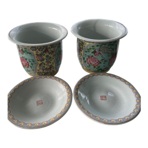 Early 20th Century Pair Large 13" Chinese Famille Jaune Phoenix Porcelain Planters & Trays-Heavy