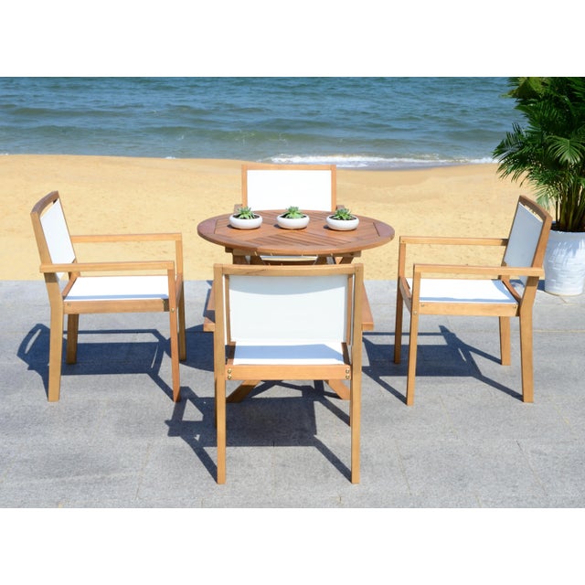 Wood Outdoor 35.4-Inch Diameter Round Table Dining Set in Natural - 5 Pieces For Sale - Image 7 of 9