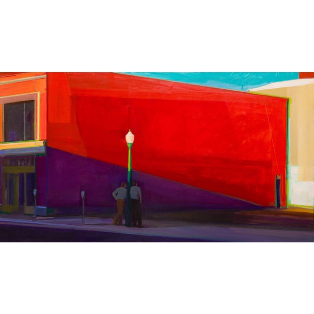 Break by Hiroshi Sato | Oil on canvas Two figures standing near a brightly colored wall. For Sale