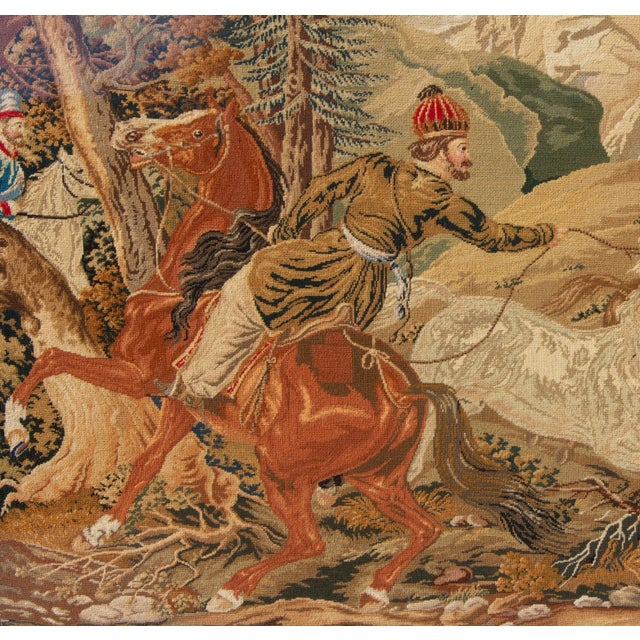 Antique Tapestry Orientalist Scene "Capturing Wild Arabian Horses" Dated 1852 For Sale - Image 4 of 8