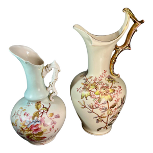 Late 19th Century Hand Painted Porcelain Ewers With Gilded Handles- 2 Pieces