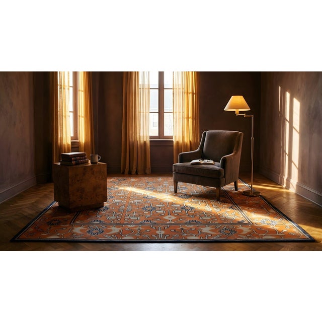 Superb Persimmon Color and Navy Border With Chinoiserie Pattern Antique Chinese Kansu Rug For Sale - Image 12 of 14