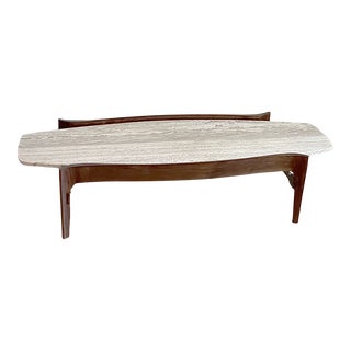Mid-Century Modern Bertha Schaefer for M. Singer & Sons Walnut and Travertine Surfboard Coffee Table For Sale