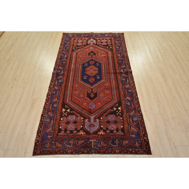 Cabin Hamedan Rug 4’6” X 8′ Red Wool Vintage Tribal Hand-Knotted Oriental Carpet For Sale - Image 3 of 13