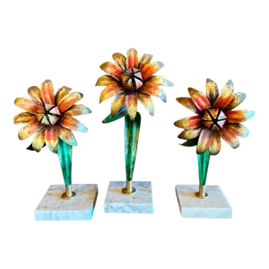 1970s Set of 3 Decorative Metal Flowers on Marble Bases