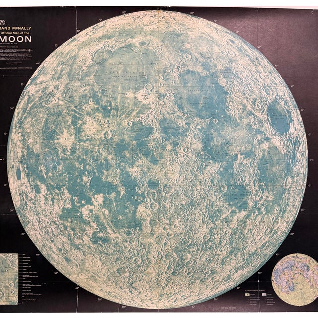 Large 1958 Official Cartographic Map of the Moon's Surface. Printed by Rand McNally. Linen- backed to preserve, protect,...