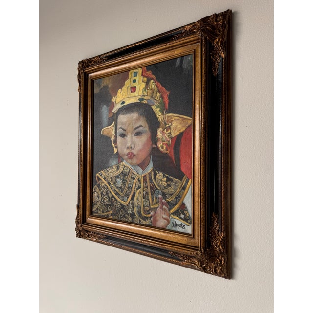 Vintage Haruko Japanese Girl Portrait Oil on Canvas Painting, Wood Framed For Sale - Image 4 of 10