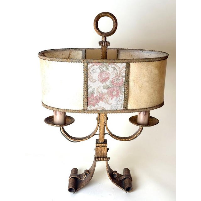 Large Florentine Gilt Iron Two-Light Table Lamp with Leather and Tapestry Shade, 1950s For Sale - Image 3 of 18