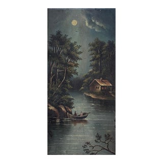 Vintage Folk Art Moonlit Nocturne Riverscape With Figures in a Boat, Signed (Oil on Board) For Sale