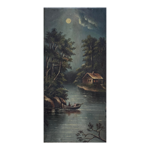 Vintage Folk Art Moonlit Nocturne Riverscape With Figures in a Boat, Signed (Oil on Board)