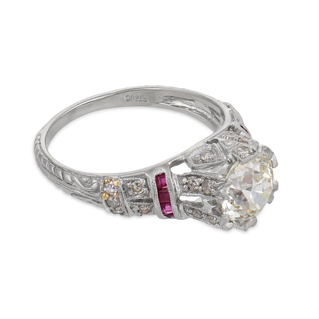 2020s Art Deco Style Gia 1.63 Old European Cut Diamond Ruby Platinum Engagement Ring, Size 6.75 For Sale - Image 5 of 8