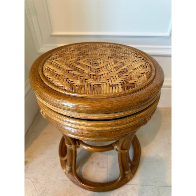 1960s Vintage Italian Round Rattan Bamboo and Cane Stool With Woven Top For Sale - Image 5 of 13