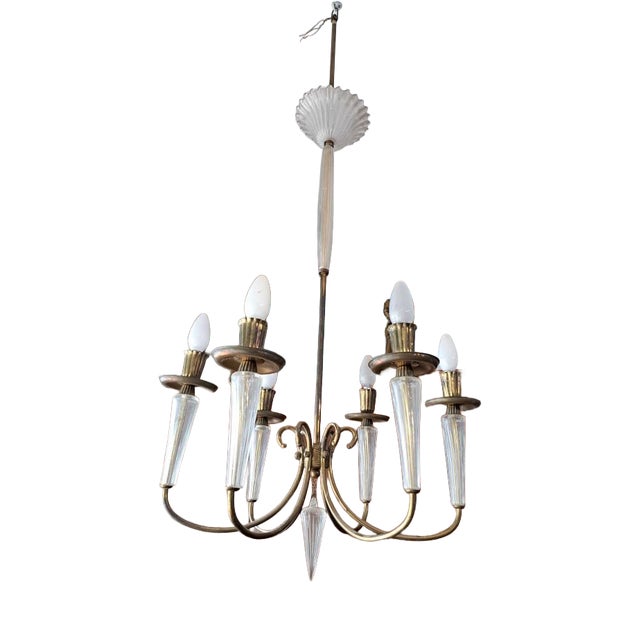 Vintage Glass and Brass Chandelier, 1970s For Sale