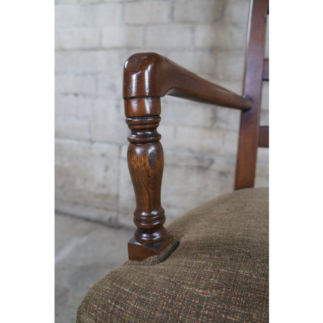 Mid 20th Century Vintage Oak Country French Farmhouse Ladder Back Upholstered Dining Arm Chairs - Set of 4 For Sale - Image 10 of 12