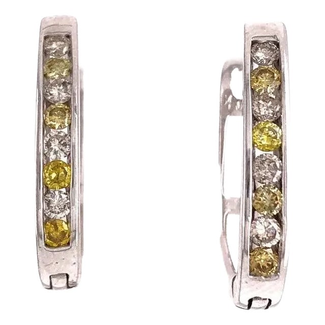 14 Karat White Gold Latch Back Earrings With White and Yellow Diamonds For Sale