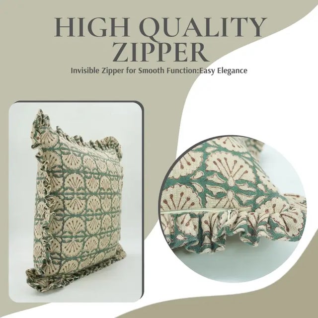 Art Deco Fabdivine Handmade Block Printed Frill Cushion Cover Green 14x36 Inch Thick Linen- Bejhni For Sale - Image 3 of 5