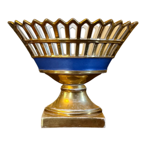 Antique Early 19th C. French Empire Paris Porcelain Gilt Reticulated Centerpiece Basket or Corbeille on Stand