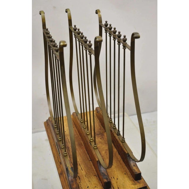 Brown Vintage Italian Neoclassical Style Brass Lyre Harp Wooden Magazine Rack Stand For Sale - Image 8 of 10