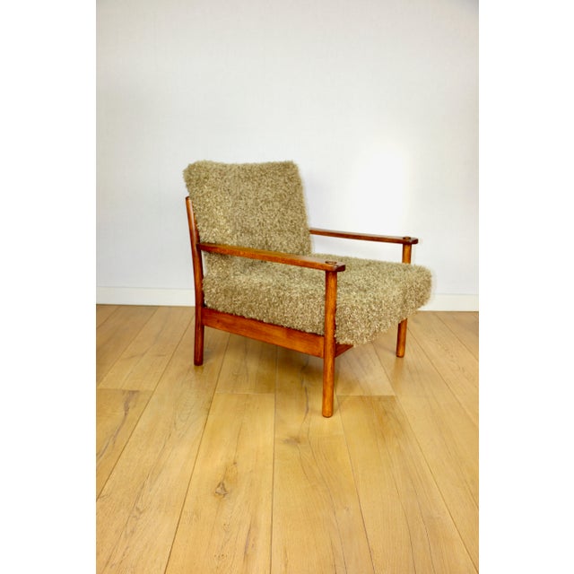 Vintage Wood Lounge Chair with Olive Green Long Pile Upholstery, 1970 For Sale - Image 9 of 13