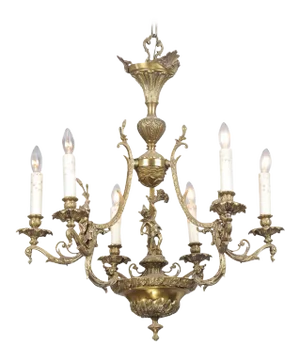 Spanish 19th Century Bronze Six-Light Chandelier with Cherubs and Floral Decor