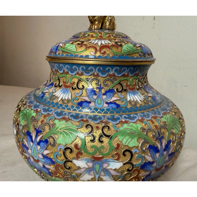 High Quality Vintage Handmade Chinese Foo Dog Enamel Champleve Cloisonné Ginger Jar For Sale - Image 10 of 12